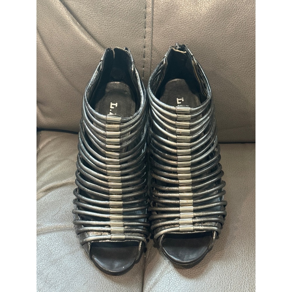 LAMB Gwen Stefani Metallic Pewter Caged Open Toe Stiletto Ankle Booties Heels 8M